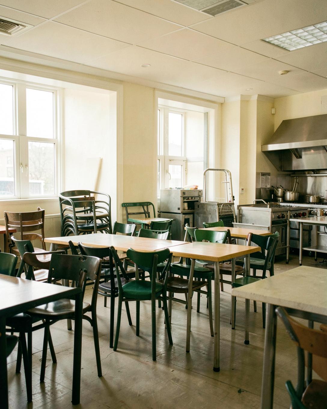A restaurant dining room mid-closure with stacked chairs, tables and commercial kitchen equipment