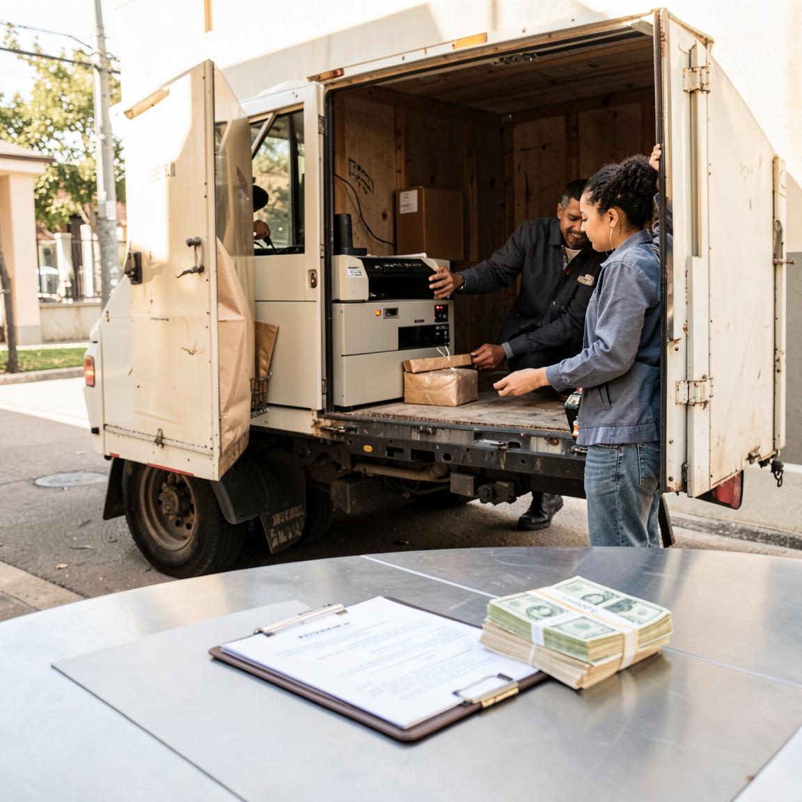 A buyer loading purchased commercial equipment into a truck beside sale paperwork and cash