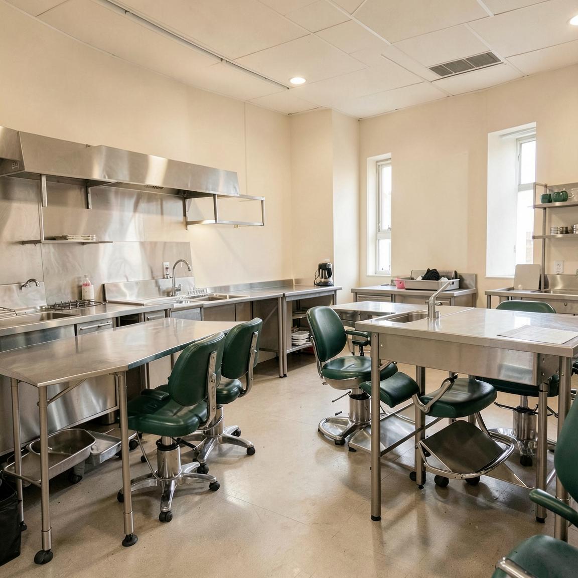Commercial kitchen and salon equipment sitting idle in a closed business