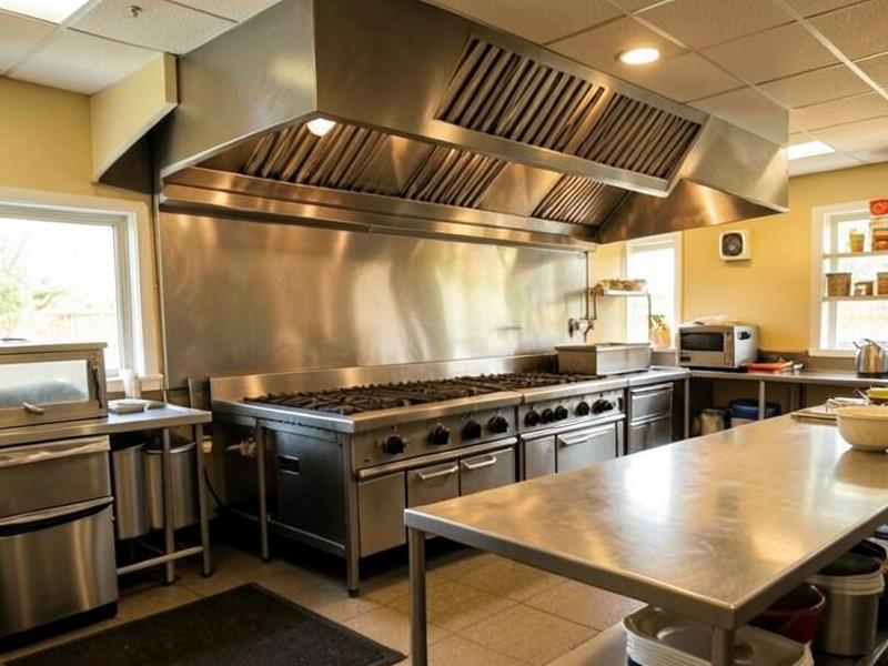 Commercial restaurant kitchen with range, hood and stainless prep tables