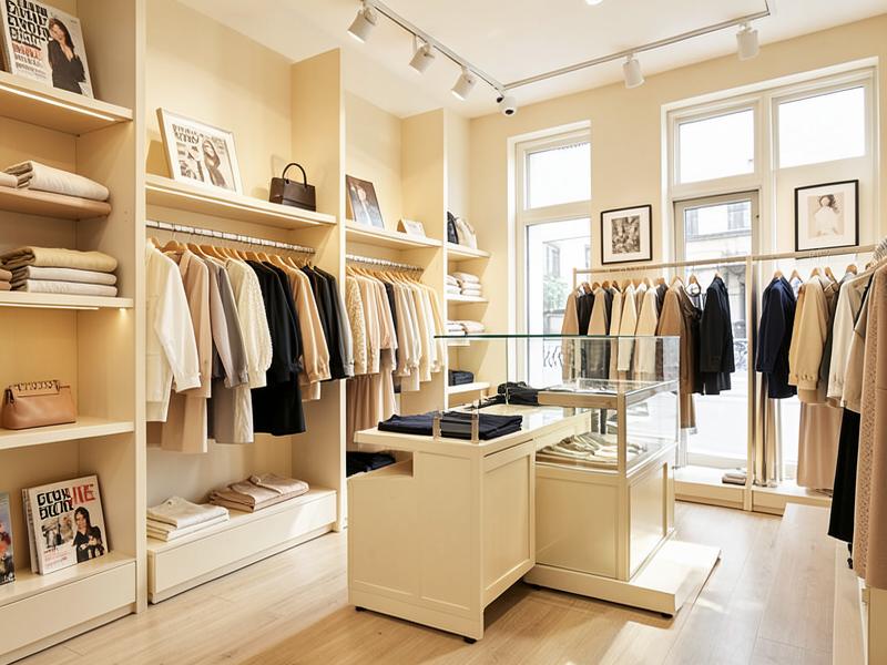 Boutique interior with shelving, clothing racks and a glass display case