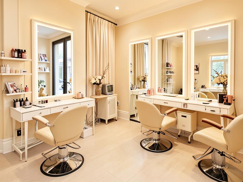 Salon interior with styling stations, chairs and lit mirrors
