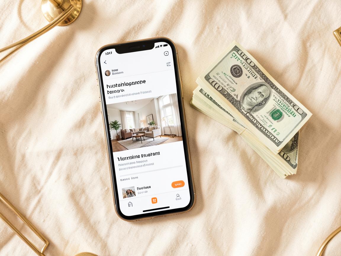 A phone showing a furniture listing beside a stack of cash