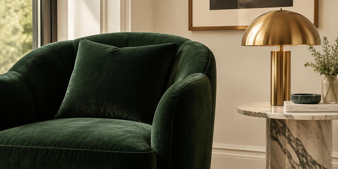 A green velvet armchair and brass lamp in a well-appointed home