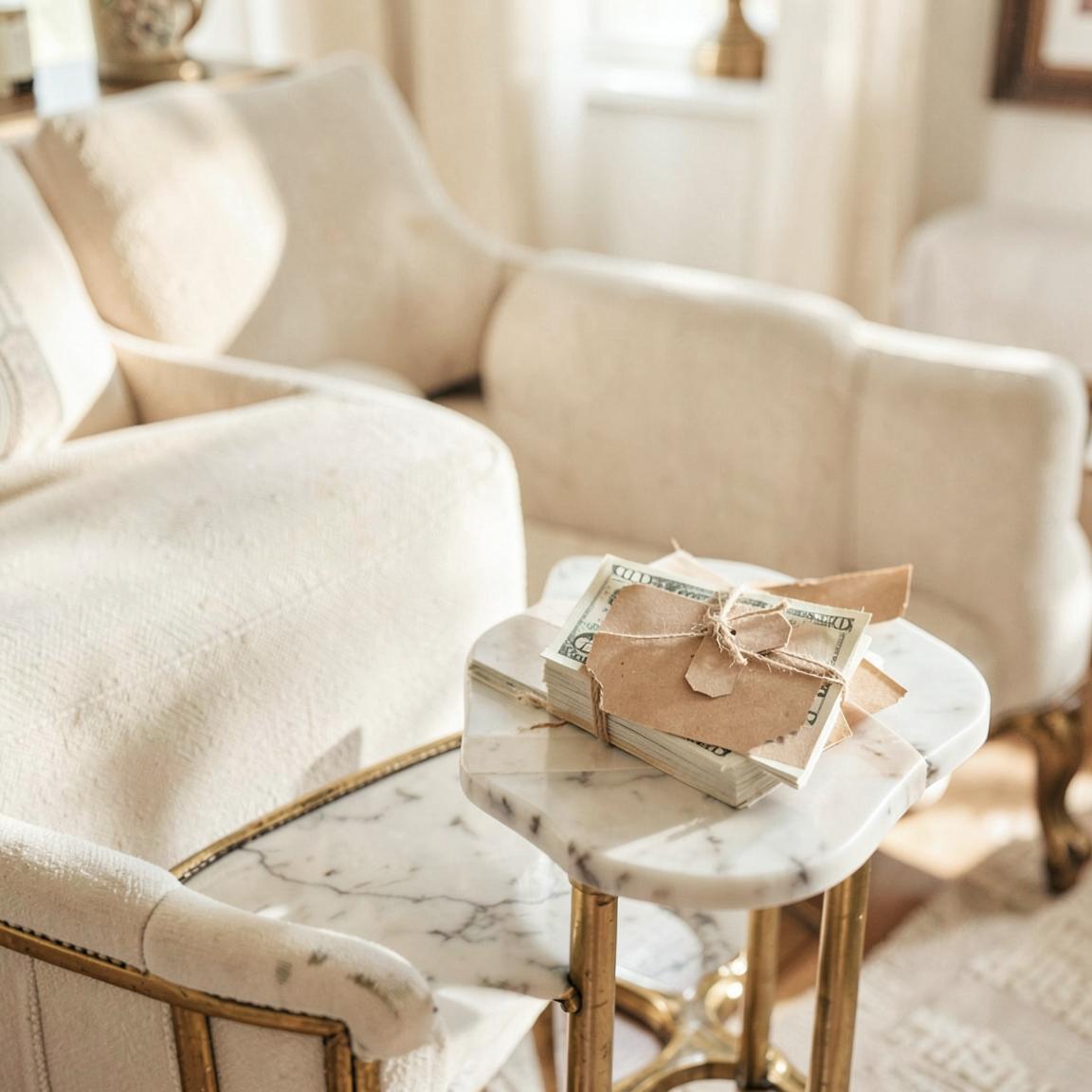 Home furnishings marked sold with the seller's cash proceeds on a side table